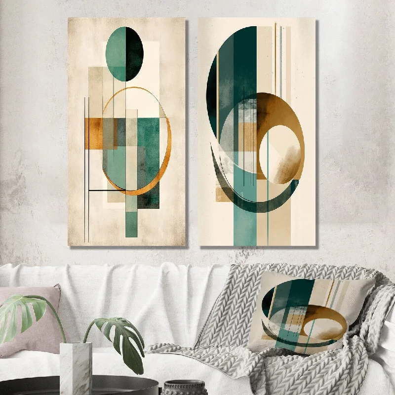 Hand-painted abstract canvas wall art for art-Designart "Glorious Full Moon Retro Gold & Teal Abstract" Modern Wall Art Set of 2 - Modern Gallery Set For Office Decor