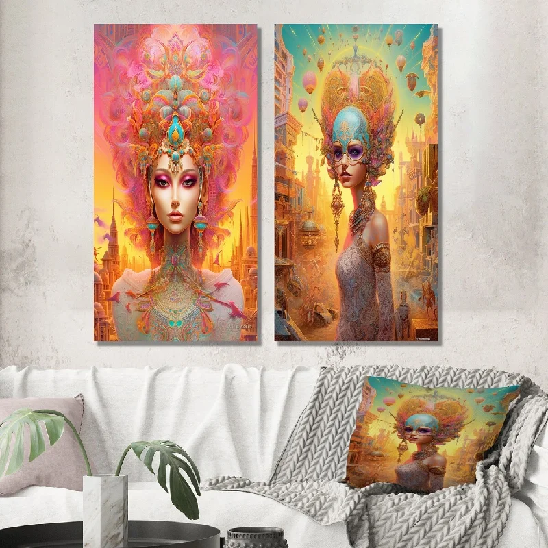 Rustic farmhouse landscape wall art for warmth-Designart "Glorious Goddess In Dreamy Pastels II" Fashion Woman Wall Art Set of 2 - Glam Wall Art For Home Decor