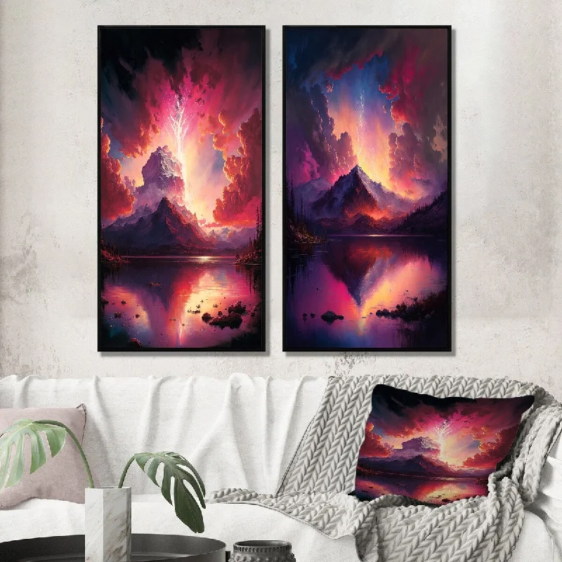 Large floral wall art for bold statement-Designart "Glorious Magenta Lake Sunset With Lightening I" Landscape Mountains Framed Wall Set Of 2 For Home Decor