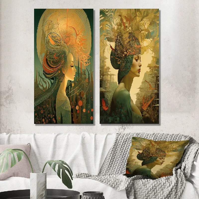 Vintage landscape abstract wall art for depth-Designart "Goddess Dreams In Retro Colors" Fashion Woman Wall Art Set of 2 - Glam Print Art For Living Room Decor