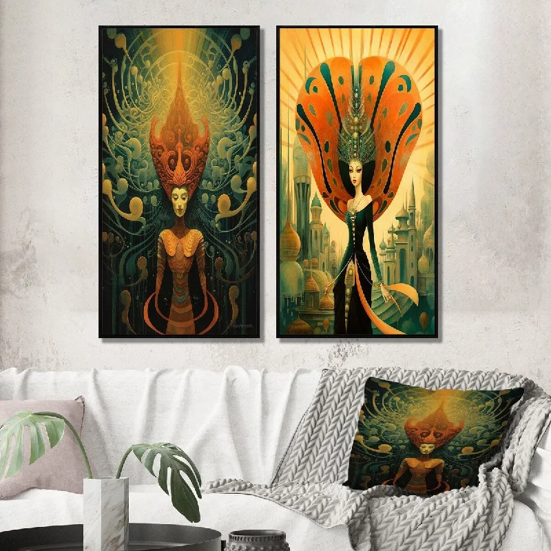 Designart "Goddess Dreams In Retro Colors III" Fashion Woman Framed Wall Art Set Of 2 - Glam Wall Art Set Of 2