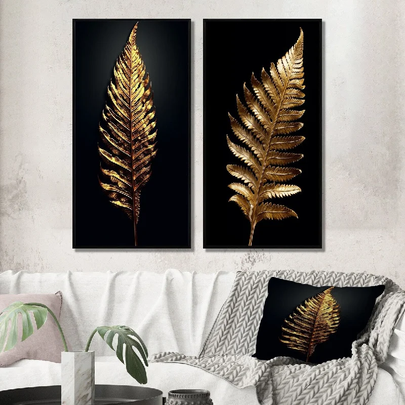 Modern animal canvas wall art for fun decor-Designart "Golden Fern Leaf On Black I" Ferns Wall Art Décor - Modern Wall Art Set Of 2