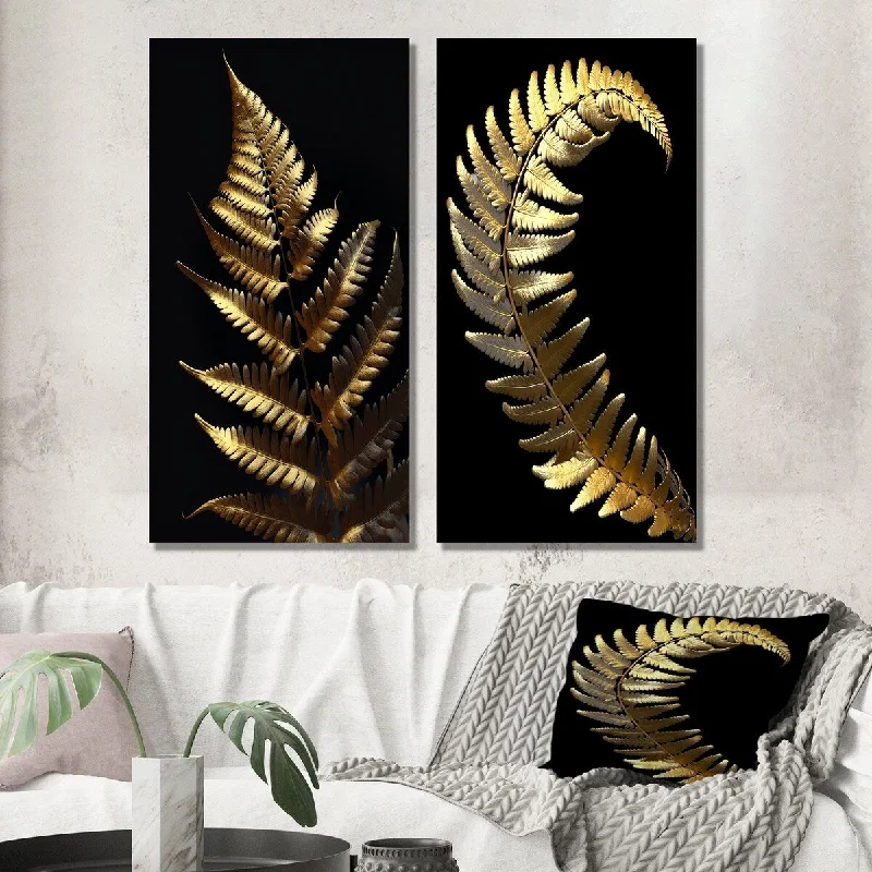 Luxury framed abstract wall art for class-Designart "Golden Fern Leaf On Black IV" Ferns Wall Art Set of 2 - Modern Wall Art For Home Decor