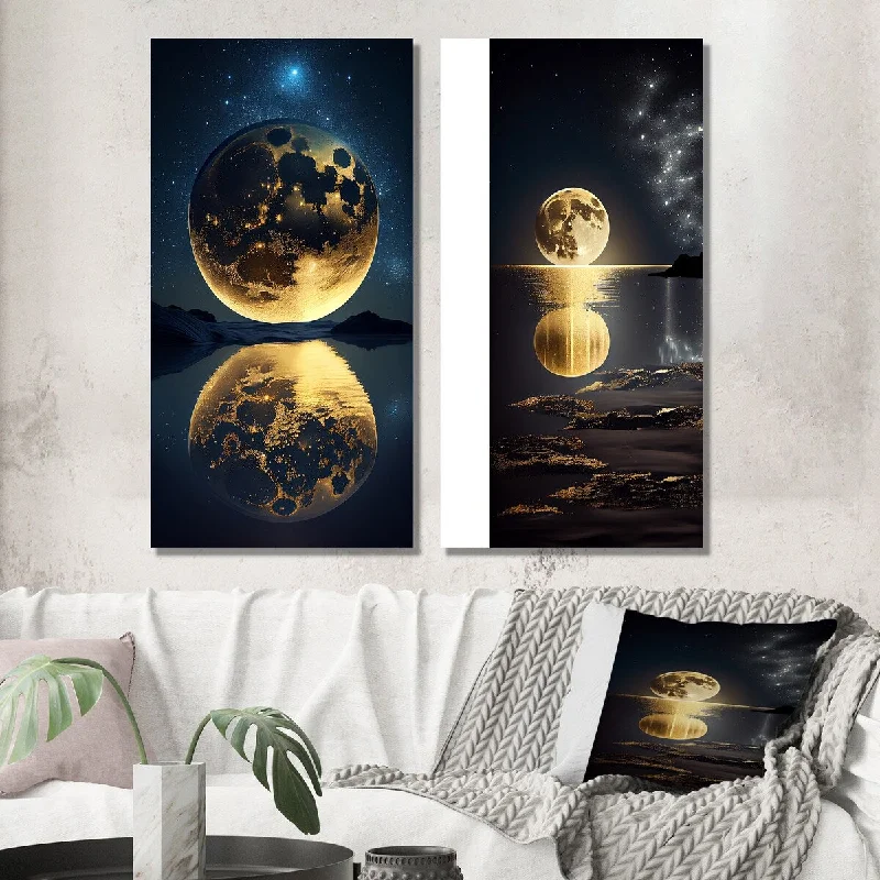 Contemporary blue abstract wall art for calm-Designart "Golden Full Moon Beach Dream By Night Shore I" Beach Wall Art Set of 2 - Coastal Wall Art For Home Decor