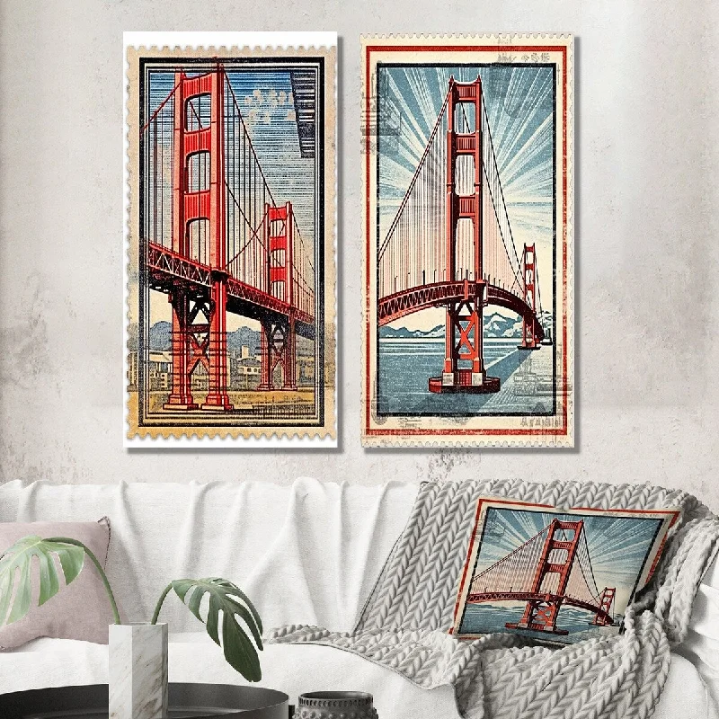 Small luxury abstract wall art for detail-Designart "Golden Gate San Francisco Retro Illustration II" Industrial - Gallery Wall Set of 2 For Living Room Decor