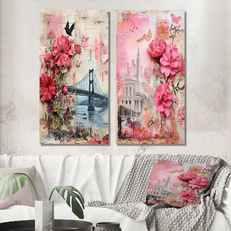 Large modern animal canvas wall art for bold-Designart "Golden Gate San Francisco Retro Pink Collage II" Industrial - Gallery Wall Set of 2 For Living Room Decor