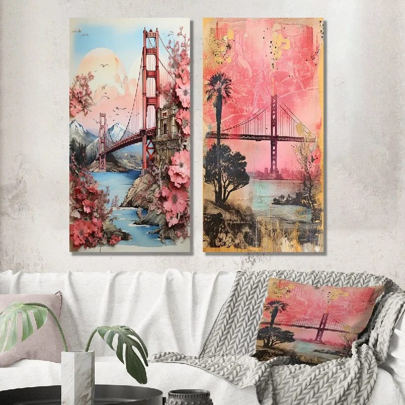 Rustic farmhouse landscape wall art for warmth-Designart "Golden Gate San Francisco Retro Pink Collage IV" San Francisco Wall Art Set of 2 Industrial Living Room Decor