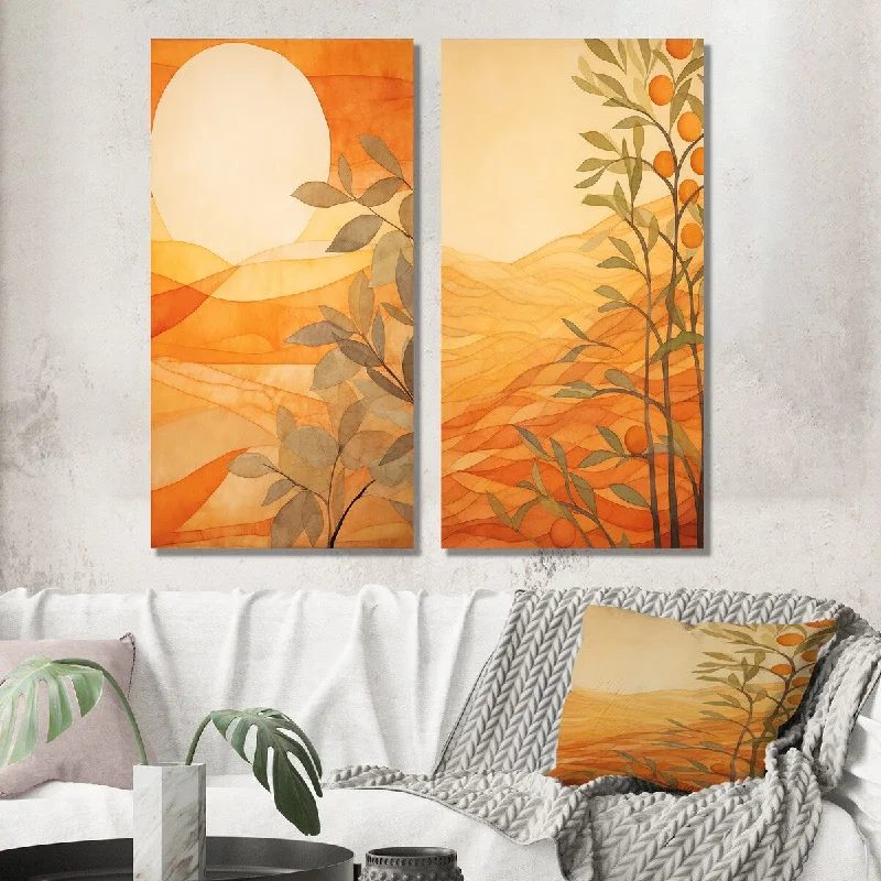 Modern black and white wall art for chic-Designart "Golden Sunset Glow Over Orange Meadows Painting I" Meadow Wall Art Set of 2 - Traditional For Office Decor