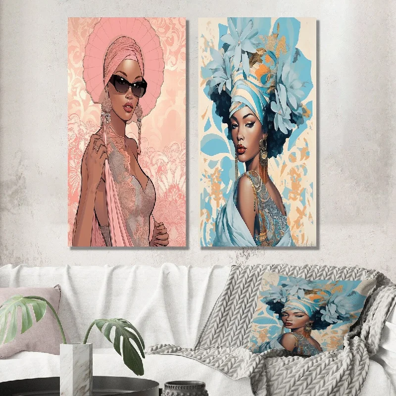 Boho style geometric wall art for eclectic-Designart "Gorgeous African American Retro Glam Beauty IV" Woman Wall Set of 2 - Glam Print Art For Living Room Decor