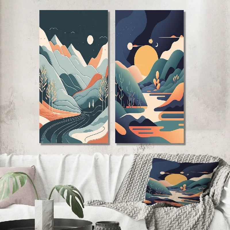 Contemporary geometric animal wall art for edge-Designart "Graphic Mountain Trees In Orange And Blue I" Landscape Wall Art Set of 2 Traditional Wall Art For Home Decor