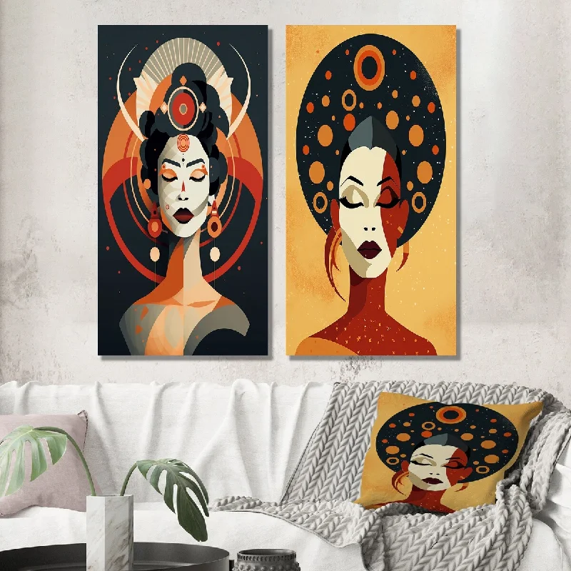 Custom abstract floral wall art for personal-Designart "Graphic Portrait Of Contemporary Urban Woman I" Abstract Wall Art Set of 2 Transitional For Living Room Decor