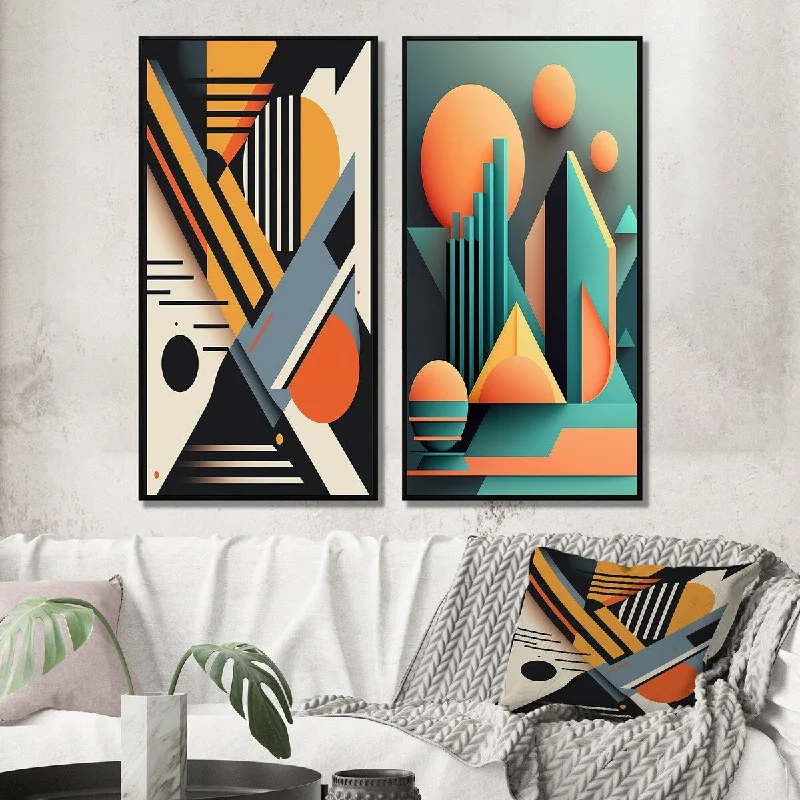 Vintage animal abstract wall art for nostalgia-Designart "Graphic Retro Compositions I" Modern Geometric Framed Wall Art Set Of 2 Canvas Set For Living Room Decor