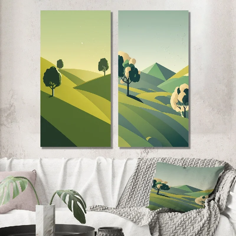 Modern minimalist wall art for bedroom-Designart "Green Trees In Graphic Landscape I" Landscape Mountains Wall Art Set of 2 - Traditional For Office Decor