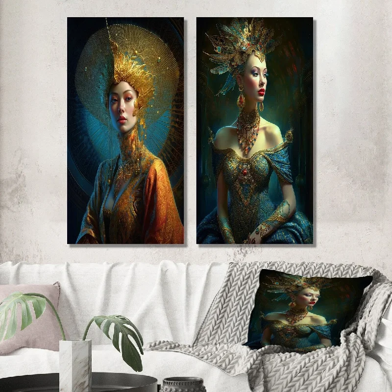 Modern colorful geometric wall art for energy-Designart "High Fashion Light Goddess Eiko Ishioka II" Asian Woman Wall Art Set of 2 Glam Gallery Set For Office Decor