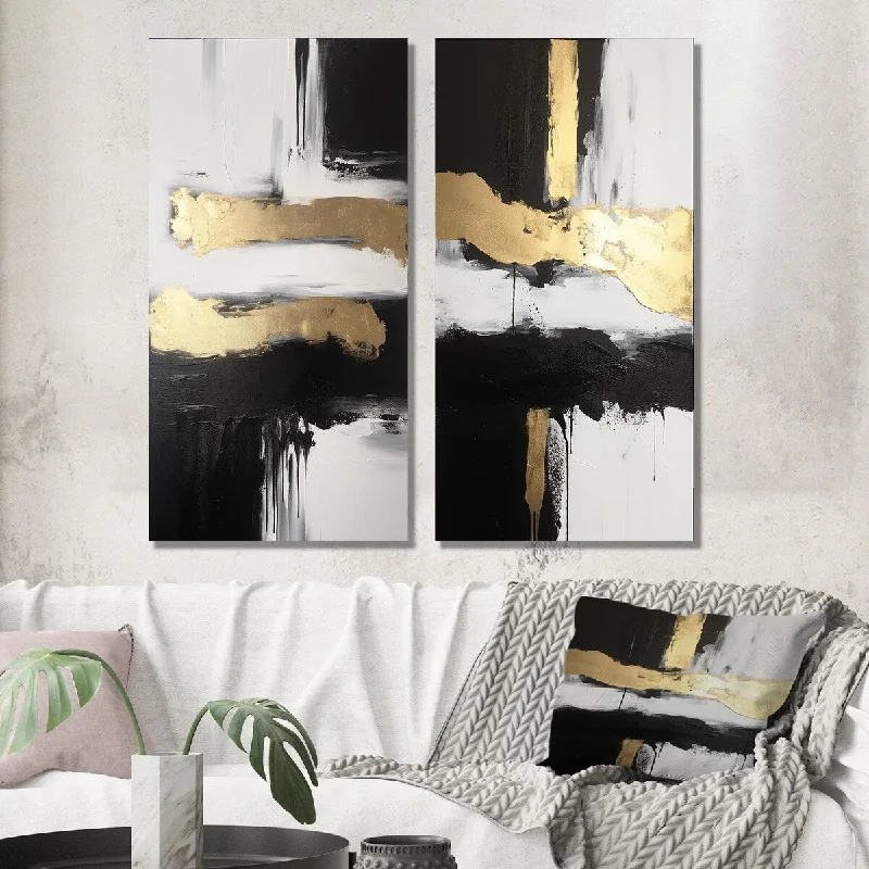 Handmade animal wall art for playful vibe-Designart "Horizontal Dimensions Abstract Gold Black VI" Abstract Painting Wall Art Set of 2 - Modern Living Room Decor