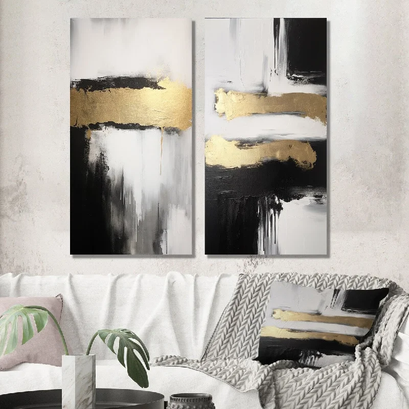 Luxury floral wall art for sophistication-Designart "Horizontal Dimensions Abstract Gold Black VII" Abstract Painting Wall Art Set of 2 - Modern Living Room Decor