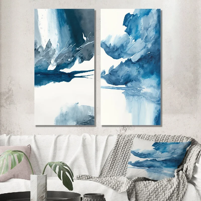 Large modern geometric wall art for wow-Designart "Imperial Blue Solitude I" Abstract Liquid Ink Wall Art Set of 2 - Modern Wall Art For Living Room Decor