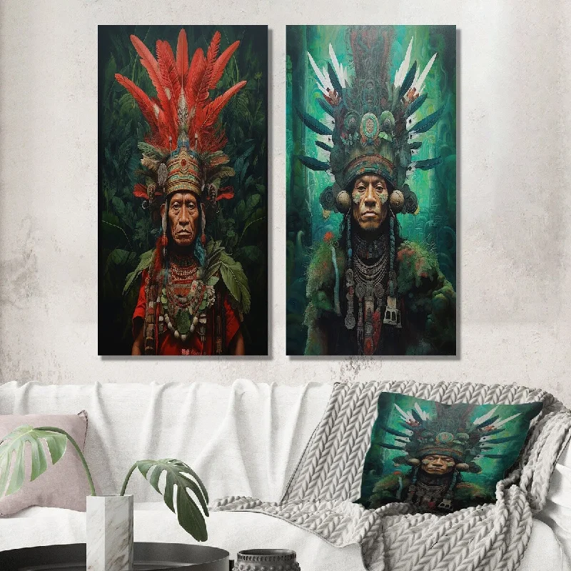 Custom framed animal wall art for unique-Designart "Indigenous Shaman Amazon Feather Headdress I" Folk Religion Wall Set of 2 - Traditional For Living Room Decor