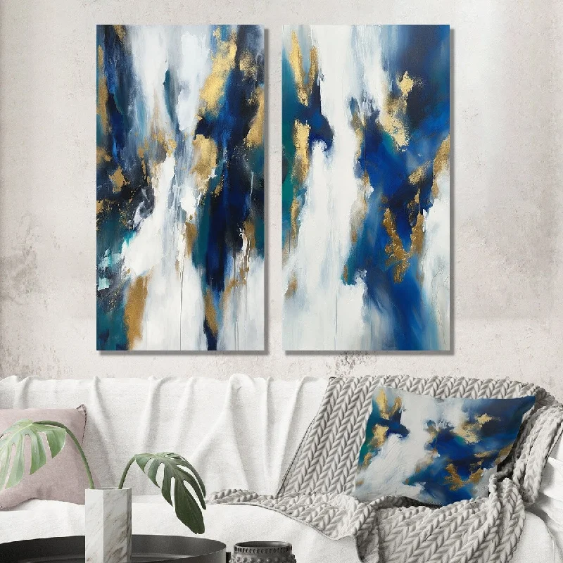 Vintage botanical wall art for retro-Designart "Indigo Awakening Abstract In Blue And Gold" Abstract Painting Wall Art Set of 2 - Modern For Office Decor