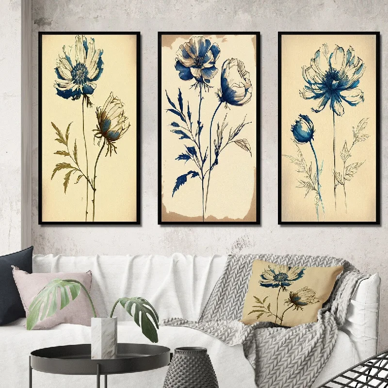 Boho macrame geometric wall art for texture-Designart "Indigo Flower Blossoming I" Floral Framed Wall Art Set Of 3 Traditional Frame Gallery Wall Set For Home Decor