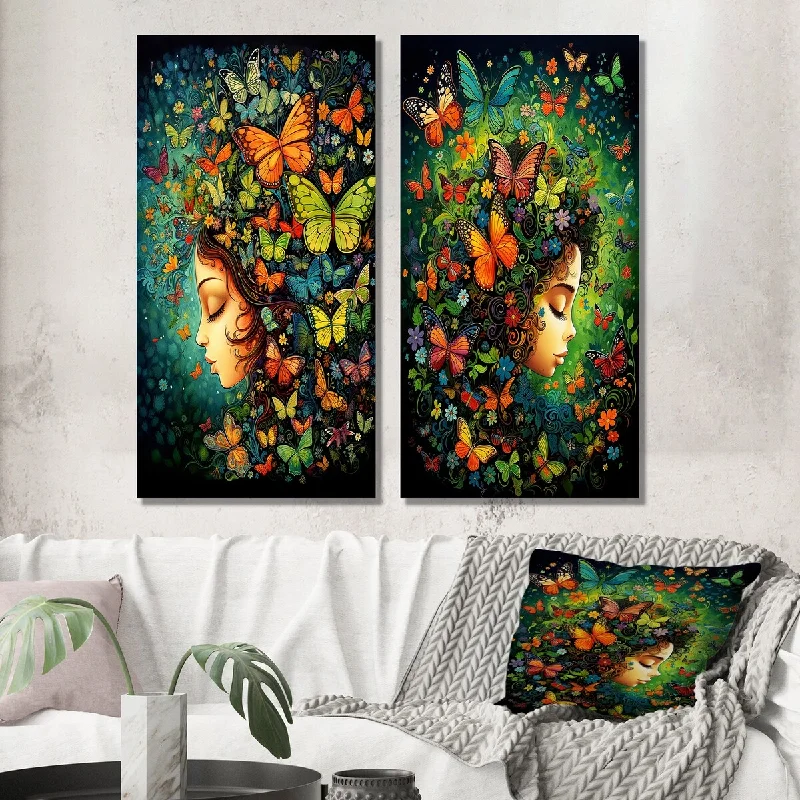 Modern black abstract wall art for contrast-Designart "Intimate Butterfly Bliss Girl I" Fashion Woman Wall Art Set of 2 - Glam Wall Art For Bedroom