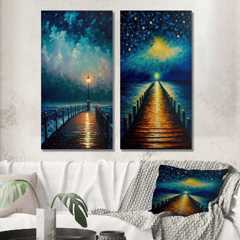 Large colorful wall art for dining room-Designart "Light At The End Of The Pier During Stormy Night I" Nautical & Beach Wall Art Set of 2 For Living Room Decor