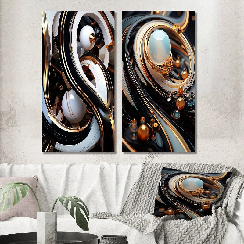 Custom abstract canvas wall art for uniqueness-Designart "Liquid Art Gold Black And White Spheres II" Abstract Wall Art Set of 2 - Transitional For Living Room Decor