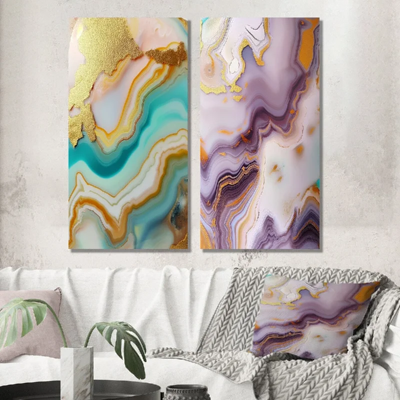 Contemporary colorful abstract wall art for pop-Designart "Liquid Art Gold Blue Turquoise Agate II" Abstract Shapes Wall Art Set of 2 Transitional Wall Art For Bedroom