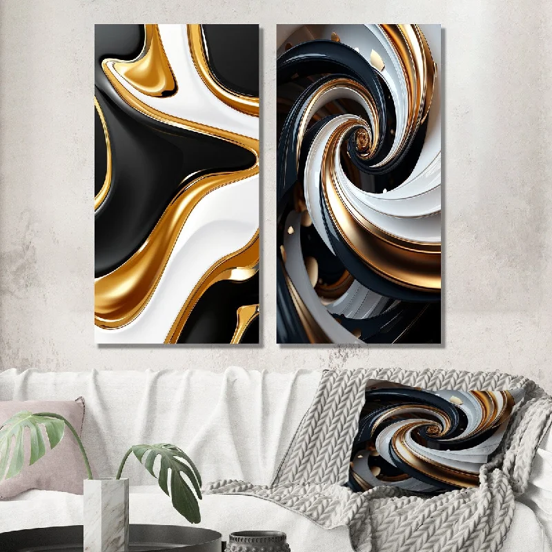 Minimalist black animal wall art for sleek-Designart "Liquid Gold Black And White Wave Dimension I" Abstract Wall Art Set of 2 - Transitional Printed Wall Décor