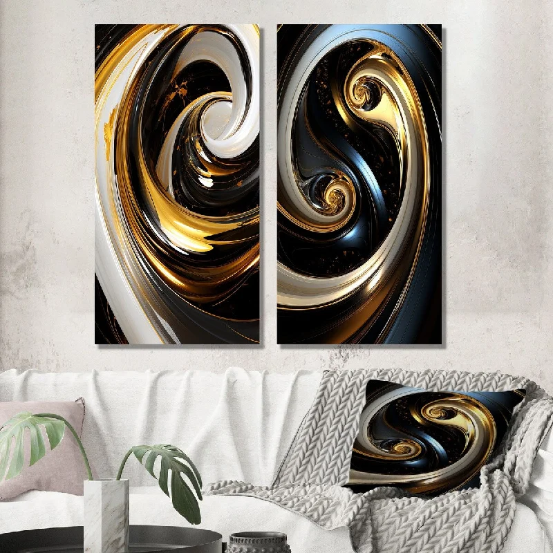 Abstract blue wall art for serene feel-Designart "Liquid Gold Black White Abstract Minimal Spiral I" Abstract Wall Art Set of 2 - Transitional For Office Decor