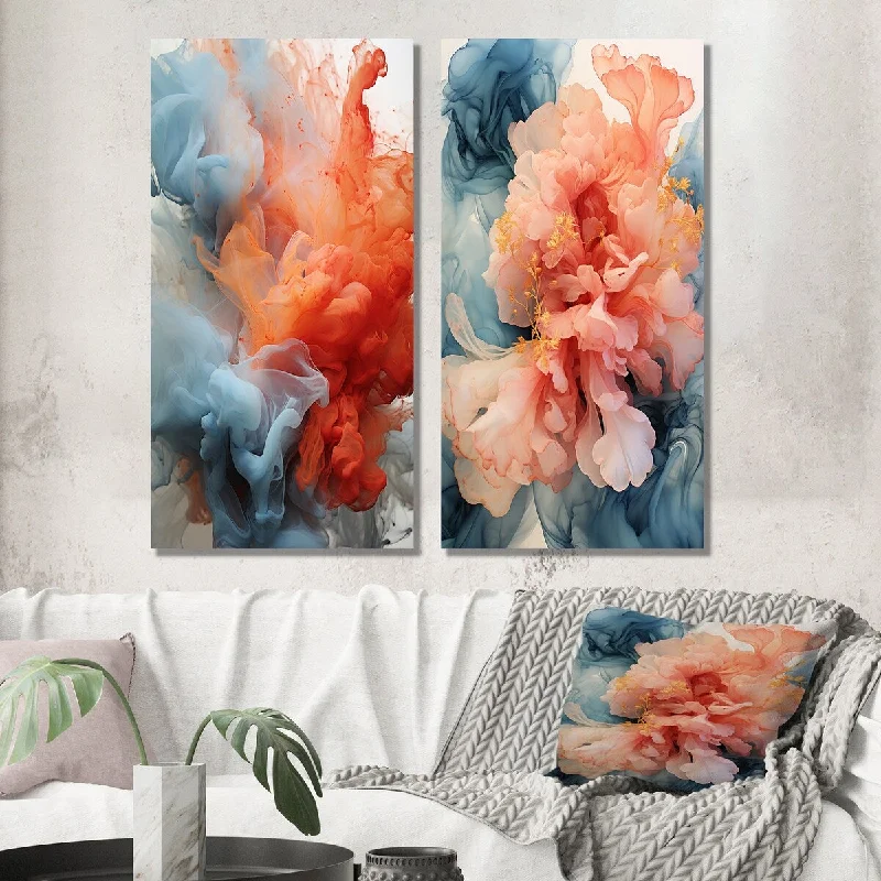 Rustic wooden landscape wall art for depth-Designart "Liquid Ink Abstraction Blue And Orange I" Abstract Liquid Ink Wall Art Set of 2 - Modern For Office Decor