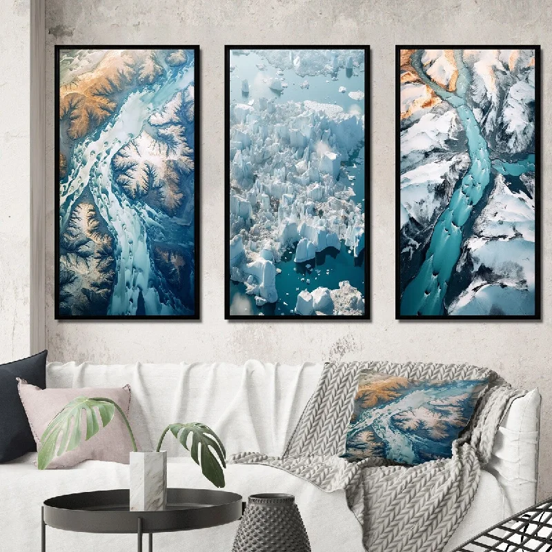 Large modern floral wall art for impact-Designart "Majestic Aerial View Artic Rivers Icebergs II" Glacier Framed Wall Art Set Of 3 - Country For Office Decor