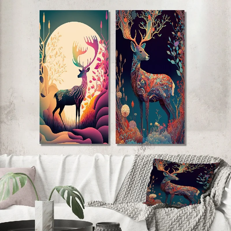 Small floral wall art for entryway-Designart "Majestic Buck In The woods I" Animal Landscape Wall Art Set of 2 Children's Art Gallery Set For Office Decor