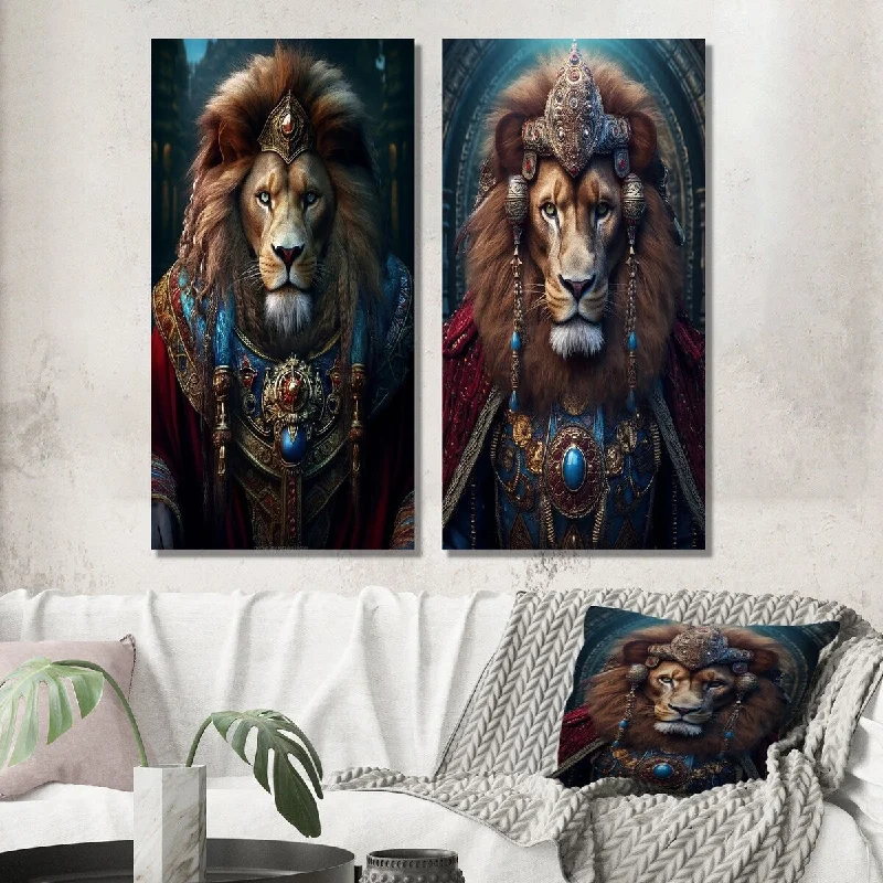 Contemporary geometric wall art for home-Designart "Majestic Lion Portrait Ancient King II" Animals Lion Wall Art Set of 2 - Children's Art Wall Art For Bedroom