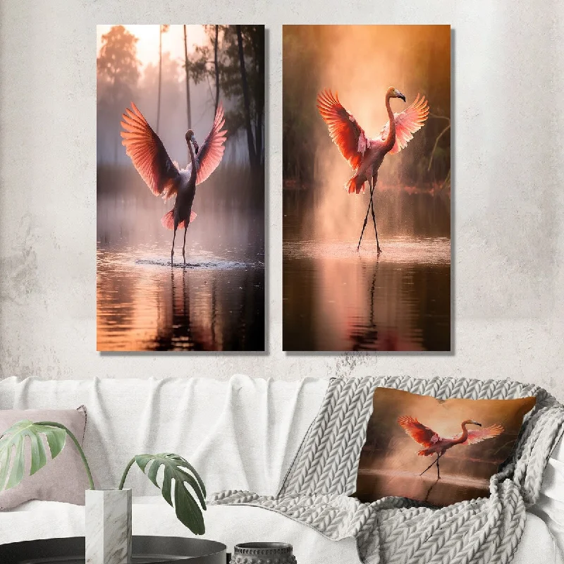 Modern black geometric wall art for edge-Designart "Majestic Pink Flamingo Spreading Its Wings III" Animal Set of 2 - Children's Art Wall Art For Home Decor