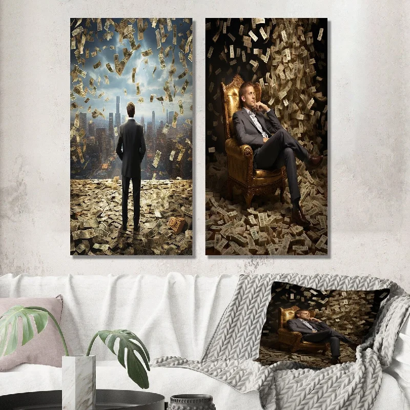 Vintage landscape abstract wall art for depth-Designart "Man Looking at Skyline Of Floating Money" Man Wall Art Set of 2 - Glam Wall Art For Home Decor