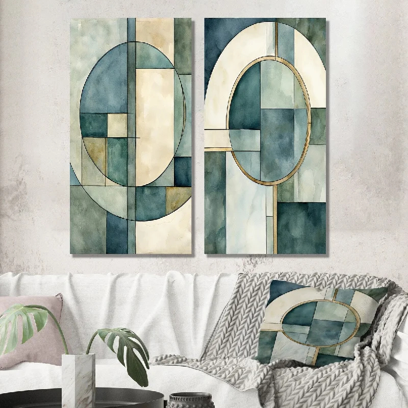 Vintage botanical canvas wall art for elegance-Designart "Midcentury Geometric Moon Dreams Retro Blue II" Abstract Wall Art Set of 2 - Modern Printed Wall Décor