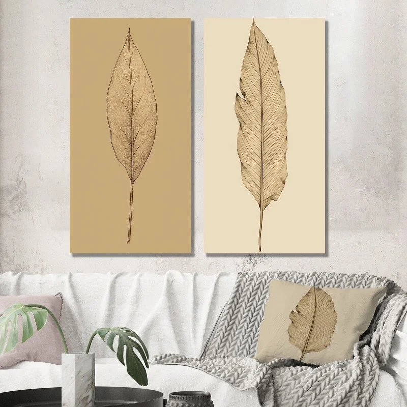 Handmade landscape canvas wall art for craft-Designart "Minimal Botanicals Single Leaf On Beige II" Flowers Wall Art Set of 2 - Traditional For Office Decor