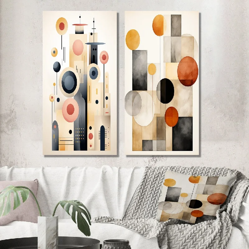 Vintage landscape canvas wall art for depth-Designart "Minimal Circular Geometrics In Faded Retro Colors" Modern Wall Art Set of 2 Mid-Century Wall Art For Bedroom