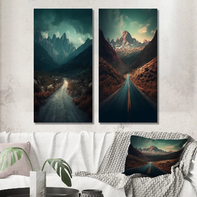 Small abstract wall art for bathroom-Designart "Misty Mountain Solitude Empty Road To The Top" Meadow Wall Art Set of 2 - Traditional Wall Art For Bedroom