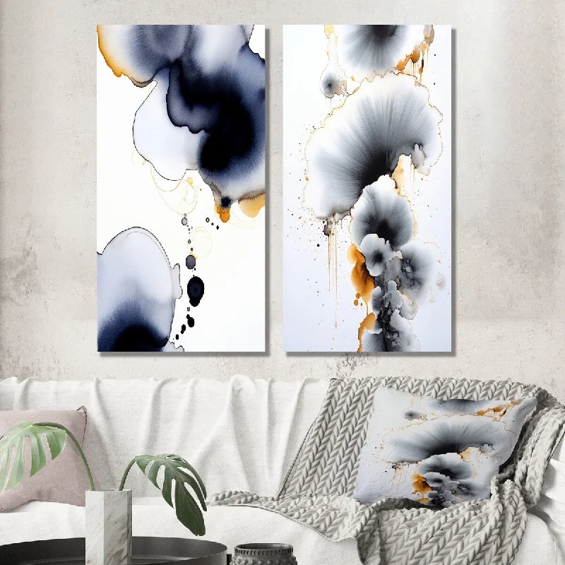 Luxury gold floral wall art for opulence-Designart "Momentary Spirit Abstract Deep Blue Ink" Abstract Wall Art Set of 2 - Modern Wall Art For Living Room Decor