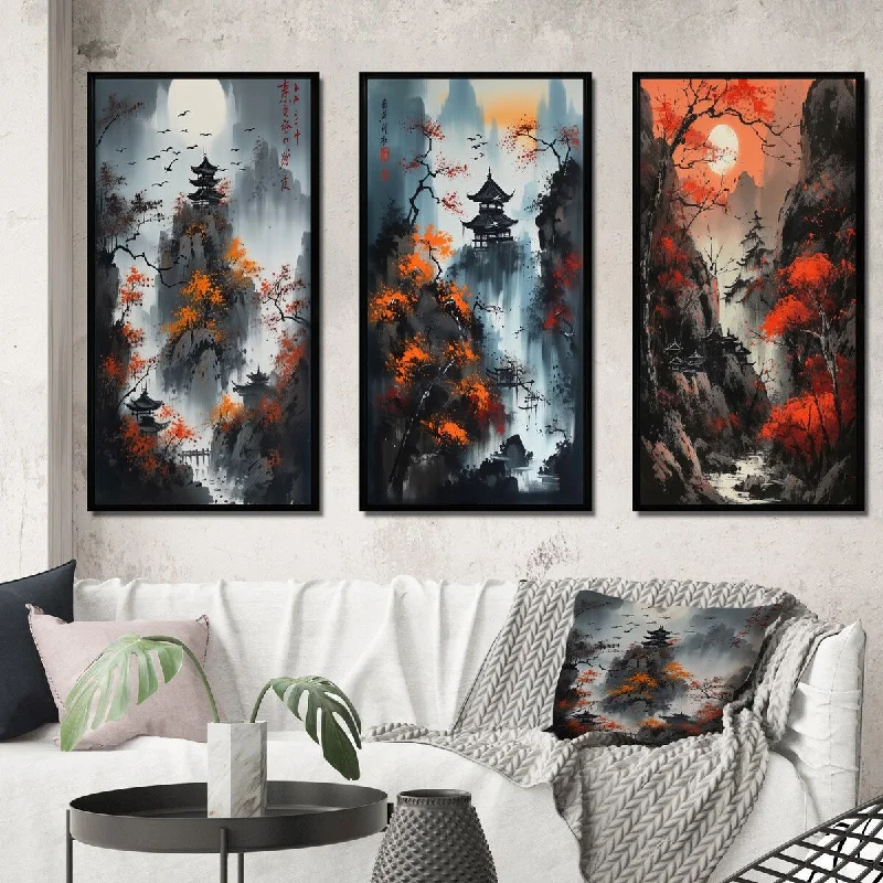 Large modern abstract wall art for wow factor-Designart "Moonset And Japonese Maple Tree III" Japon Landscape Framed Wall Art Set Of 3 For Living Room Decor