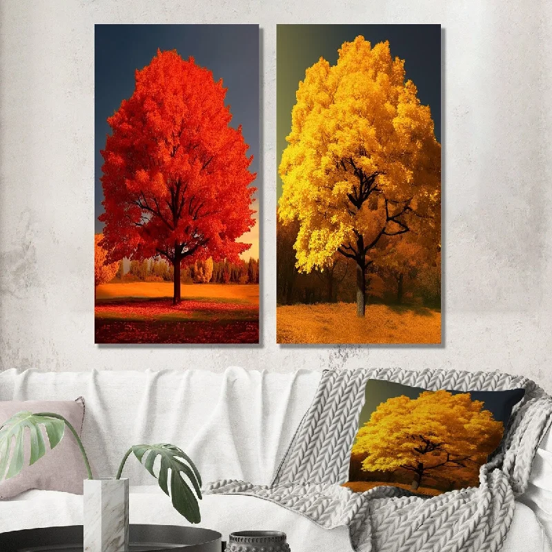 Rustic farmhouse animal canvas wall art for warmth-Designart "Most Beautiful Yellow Tree In The Countryside" Landscape Wall Art Set of 2 - Traditional For Office Decor