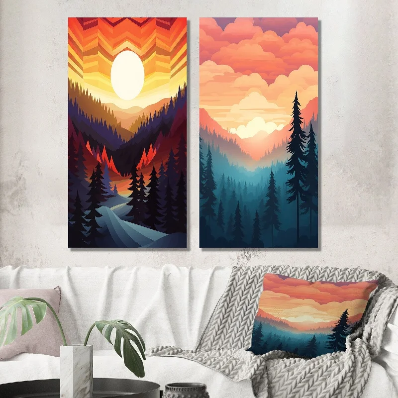 Vintage animal wall art for classic charm-Designart "Mountain Forest Daydreams Peaceful Sunset II" Landscape Wall Art Set of 2 Traditional Wall Art For Home Decor