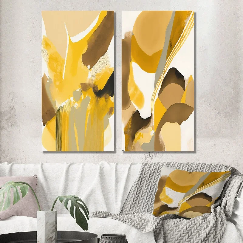 Large abstract floral wall art for statement-Designart "Mustard Yellow Retro I" Abstract Liquid Ink Wall Art Set of 2 - Modern Wall Art For Home Decor