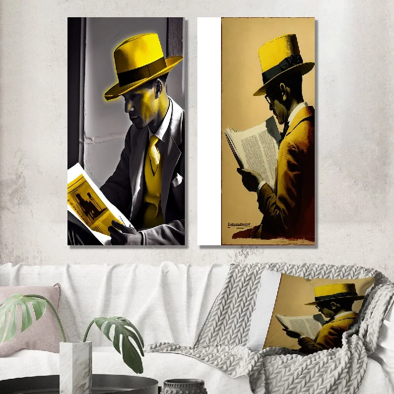 Minimalist geometric wall art for symmetry-Designart "Mysterious Man With Yellow Hat Reading A Book II" Man Wall Art Set of 2 - Glam Wall Art For Home Decor