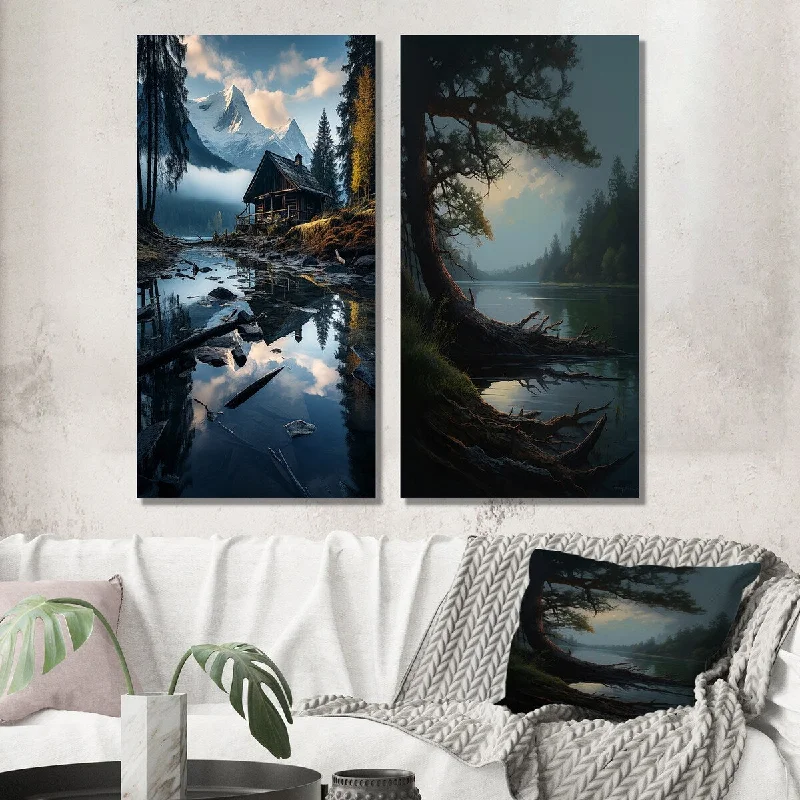 Custom watercolor geometric wall art for art-Designart "Mysterious Morning At The Lakehouse" Lakehouse Wall Art Set of 2 - Lake House Gallery Set For Office Decor