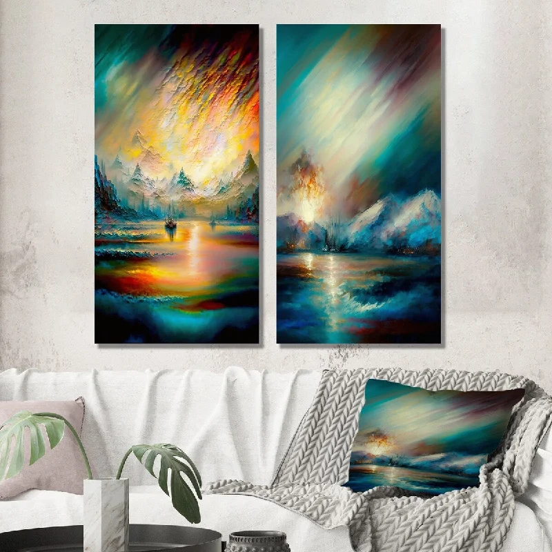 Vintage botanical canvas wall art for elegance-Designart "Mystical Aurora Borealis Arctic Mountains IV" Beach Wall Art Set of 2 Coastal Wall Art For Living Room Decor