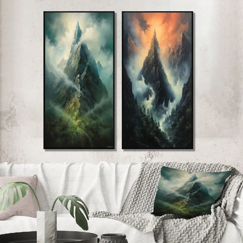 Modern black abstract wall art for contrast-Designart "Mystical Glorious Mountain Magical Daydreams II" Meadow Framed Canvas Set Of 2 For Living Room Decor