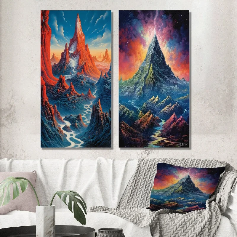 Contemporary blue animal wall art for cool-Designart "Mystical Glorious Mountain Magical Daydreams III" Meadow Wall Art Set of 2 Traditional For Living Room Decor